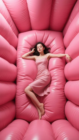 Beautiful girl in a pink dress on a large inflatable mattressの素材