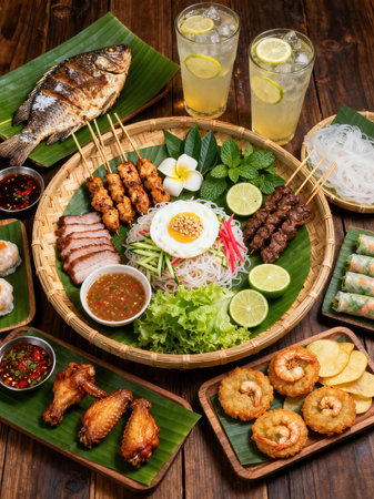 Pork satay with vegetables and egg on wooden background, top viewの素材