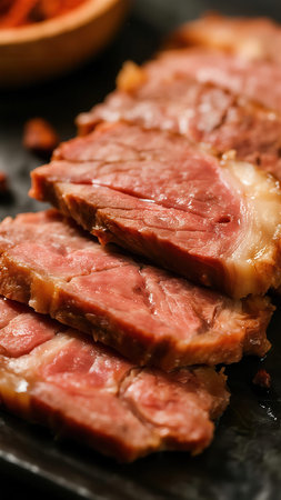 slices of roast beef on a black plate, closeupの素材