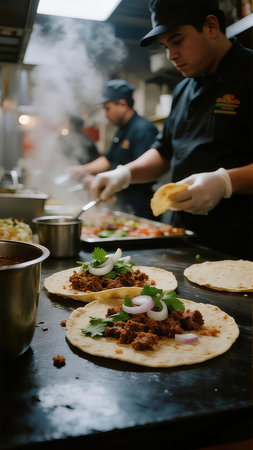 Chef preparing a traditional mexican tacos in a restaurant kitchenの素材