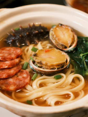 Japanese miso ramen noodles with shrimps and chukka seaweedの素材