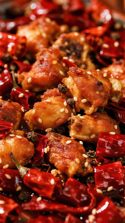 chicken wings with red hot chili pepper and sesame seeds closeupの素材