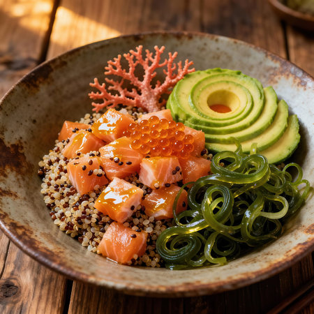 Hawaiian salmon poke bowl with avocado, seaweed and sesameの素材