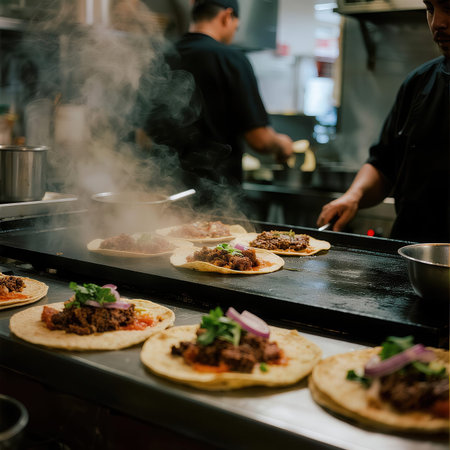 Chef cooking kebab on a hot pan in a restaurantの素材