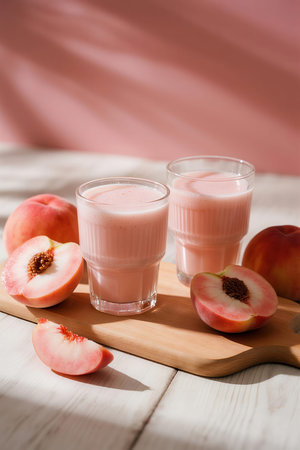 Two glasses of peach yogurt on a white wooden table with peachesの素材
