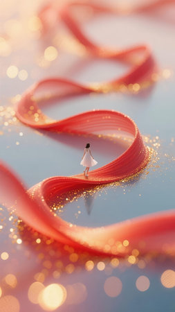 Miniature people : Woman walking on red ribbon with bokeh background.の素材
