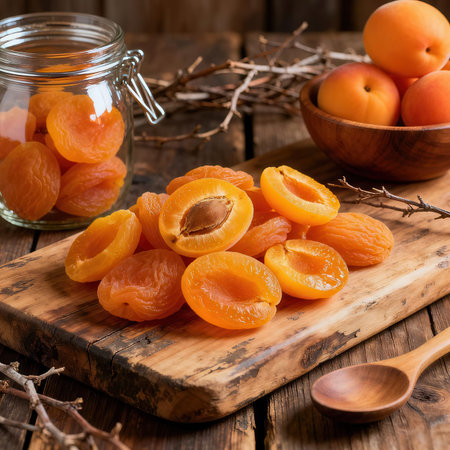 Heap of dried apricots on rustic wooden background.の素材