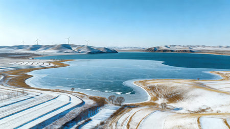 Panoramic view of the frozen lake and wind turbines in winterの素材