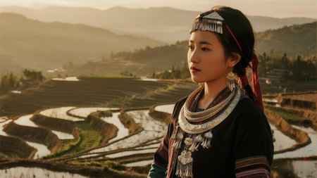 Beautiful asian woman wearing traditional costume at terraced rice field in Vietnamの素材