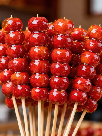 Red candies on a stick in the shape of a heart.の素材