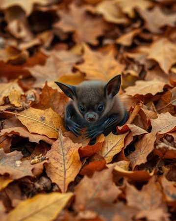 Little baby bat in autumn leaves. Little cute baby bat in autumn leaves.の素材