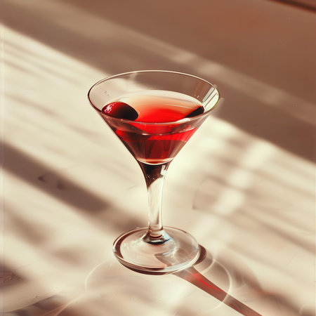 Cocktail in a martini glass with cherry on a light backgroundの素材