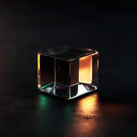 3d render of glass cube on a dark background. Glass cube with reflection.の素材