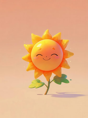 Cute cartoon sun character with a happy face, vector illustration.の素材