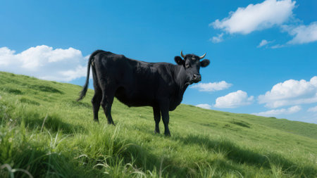 Black cow on a green meadow under a blue sky with cloudsの素材