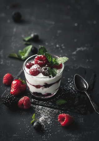 Greek yogurt with fresh berries and mint on dark background, selective focusの素材