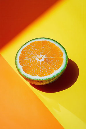 Orange fruit on yellow and orange background. Minimal summer concept.の素材