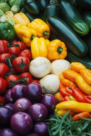Colorful fresh vegetables set stall, closeup. Fresh vegetables backgroundの素材