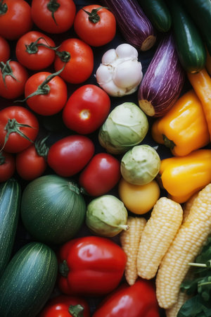 Vegetables background. Ripe tomatoes, cucumbers, peppers and corn.の素材