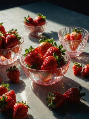 Strawberries in glass bowls on the table. Selective focus.の素材