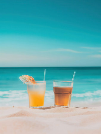 Two glasses of cocktail on the beach with sea and blue sky backgroundの素材