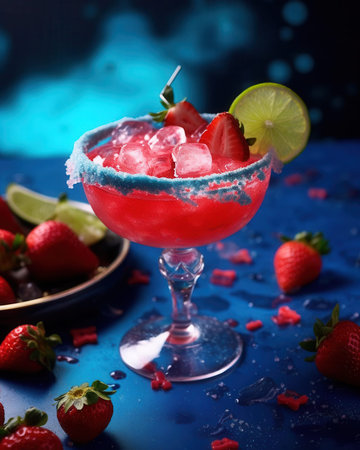 Strawberry margarita cocktail with lime and ice on blue backgroundの素材