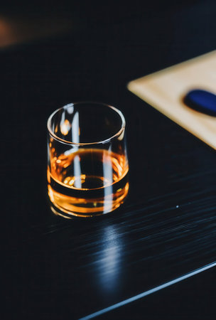 whiskey in glass on black table with wooden tray, stock photoの素材