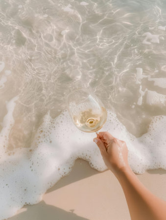Woman's hand holding a glass of white wine on the beach.の素材
