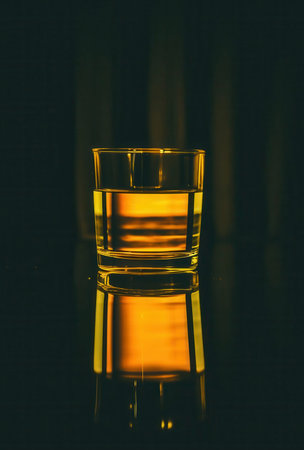 A glass of whiskey on a dark background. Close-up.の素材