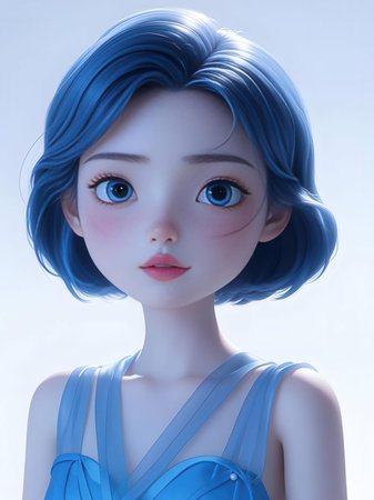 3d rendering of a female doll with blue hair and blue dressの素材
