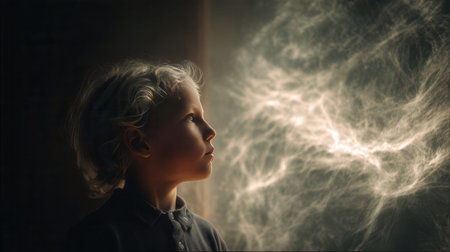 A young girl in a dark room with lightning in her hair.の素材