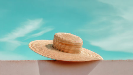 Straw hat on the edge of a swimming pool with blue skyの素材