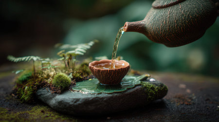 Pouring tea in a cup on a stone in the forest.の素材