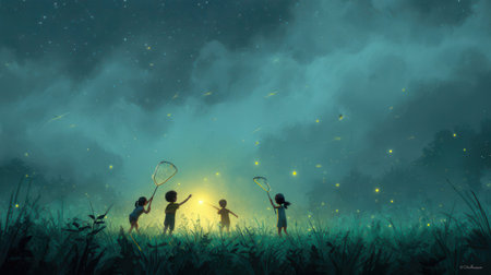 Children playing badminton in the night sky,3d renderの素材