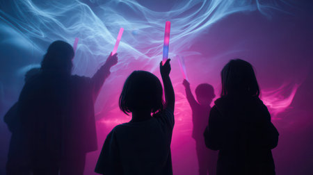 Silhouette of a girl in a dark room with neon lightの素材