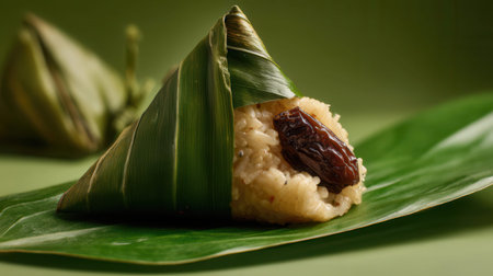 Zongzi, rice dumpling with banana leaf on green backgroundの素材