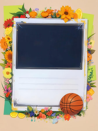 Blank photo frame with flowers and basketball ball on yellow background.の素材