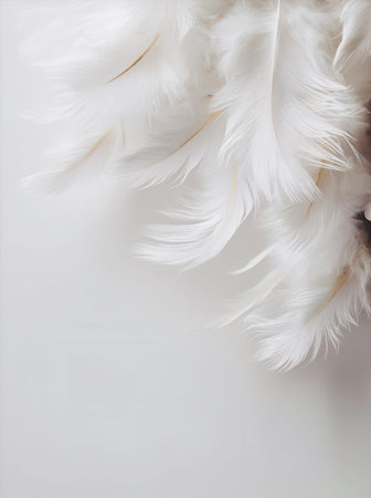 White feathers on white background. Flat lay, top view, copy space.の素材