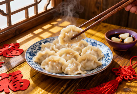 Boiled dumplings with soy sauce and chopsticks on the table