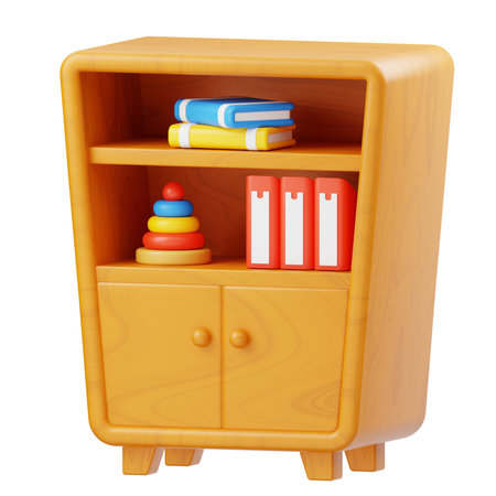 Wooden Bookshelf with Books and Toys 3D Iconの写真素材