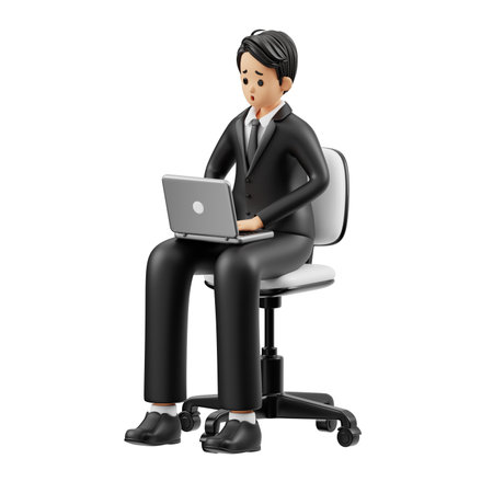 3D Character Businessman Sitting on an Office Chair with a Laptopの写真素材