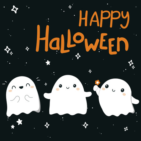 Cute ghosts. Different emotions. Halloween holiday. A postcard on a dark background. Vector illustration.のイラスト素材