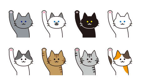 Cat illustration set of various cat breeds raising hands.のイラスト素材