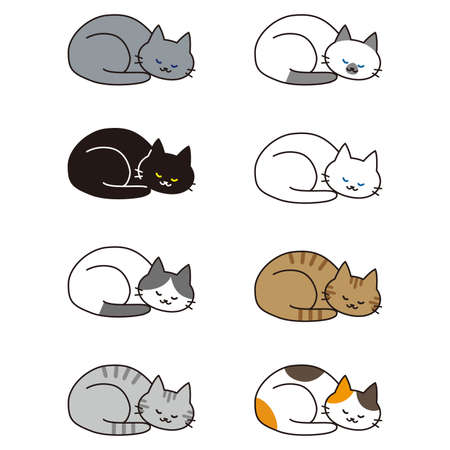 A set of cats of various cat breeds that curl up and sleep happily.のイラスト素材
