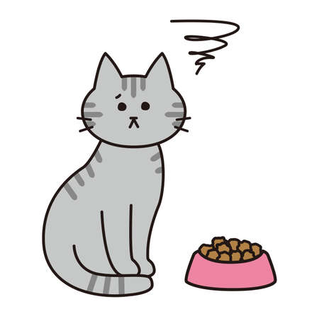 A silver tabby cat with a dissatisfied look on food.のイラスト素材