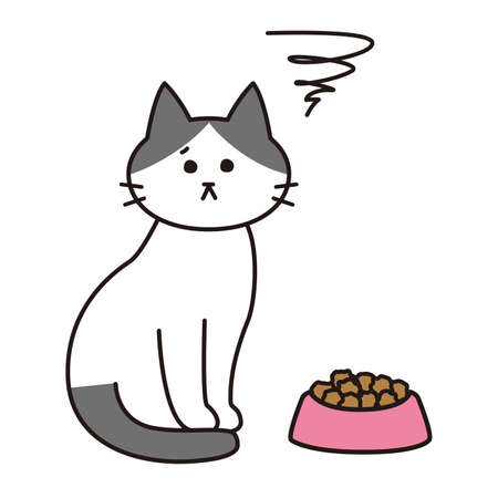 A bicolor cat with a dissatisfied look on food.のイラスト素材