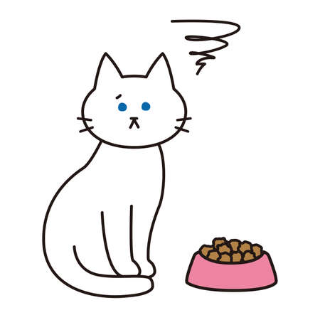 A white cat with a dissatisfied look on food.のイラスト素材