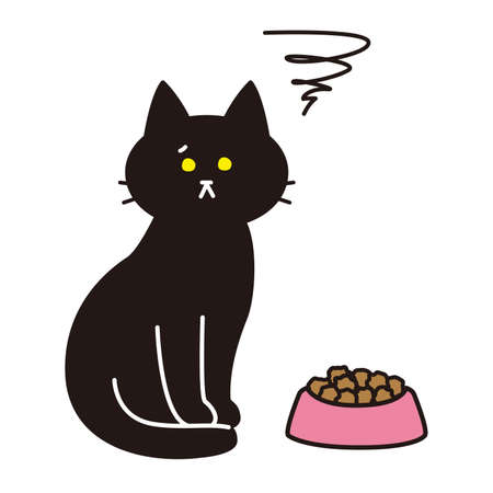 A black cat with a dissatisfied look on food.のイラスト素材