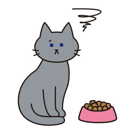 A gray cat with a dissatisfied look on foodのイラスト素材