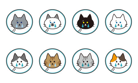 Crying face icon set of various cat breeds wearing Elizabethan collar.のイラスト素材